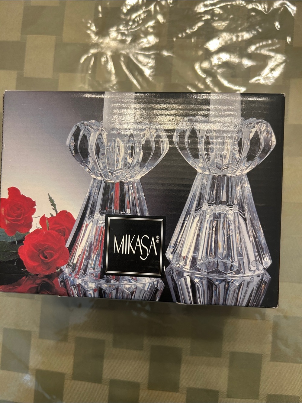 Mikasa Clear Crystal Candle Holders with Red Rose Accent on Box